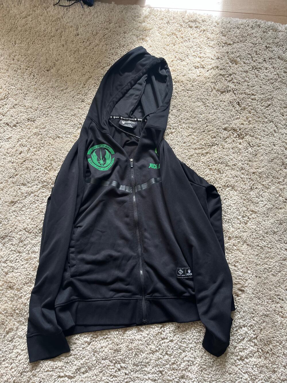 Xbox x Point Zero black full zip hoodie with green Jedi Alumni graphics, size XX